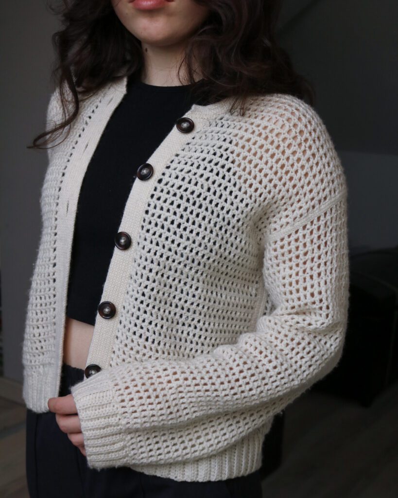 Oversized crochet mesh cardigan with knit-look button band — Basic Mesh Cardigan pattern