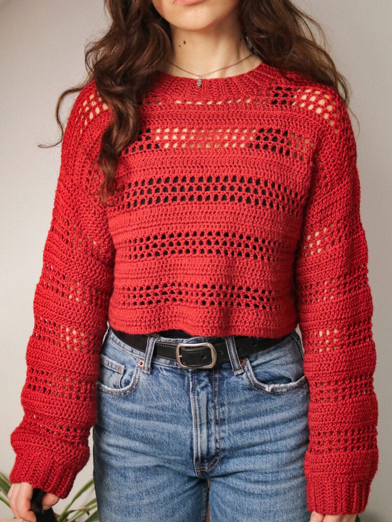 Relaxed crochet crewneck with mesh stripes — Bari Sweater crochet pattern