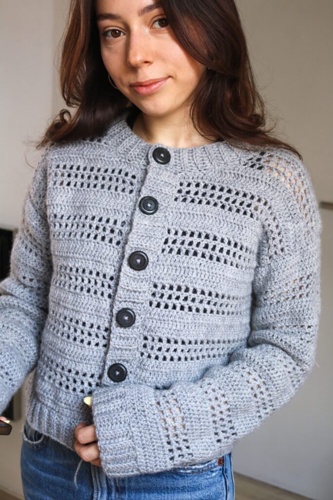 Oversized crochet cardigan with mesh stripes and crew neck — Bari Cardigan pattern