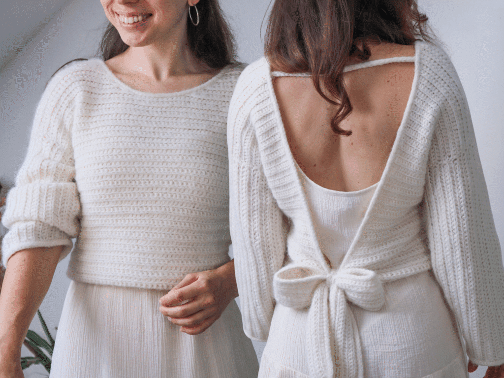 Cropped crochet wrap sweater with open tie back — Claire Sweater pattern