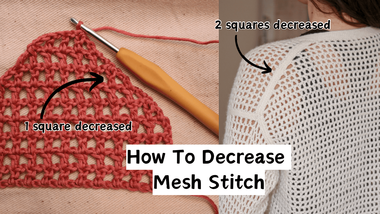 Two photos of crochet mesh decreases, a red swatch with one mesh square decreased at the edge and a cream sweater shoulder with two squares decreased for a smooth slope