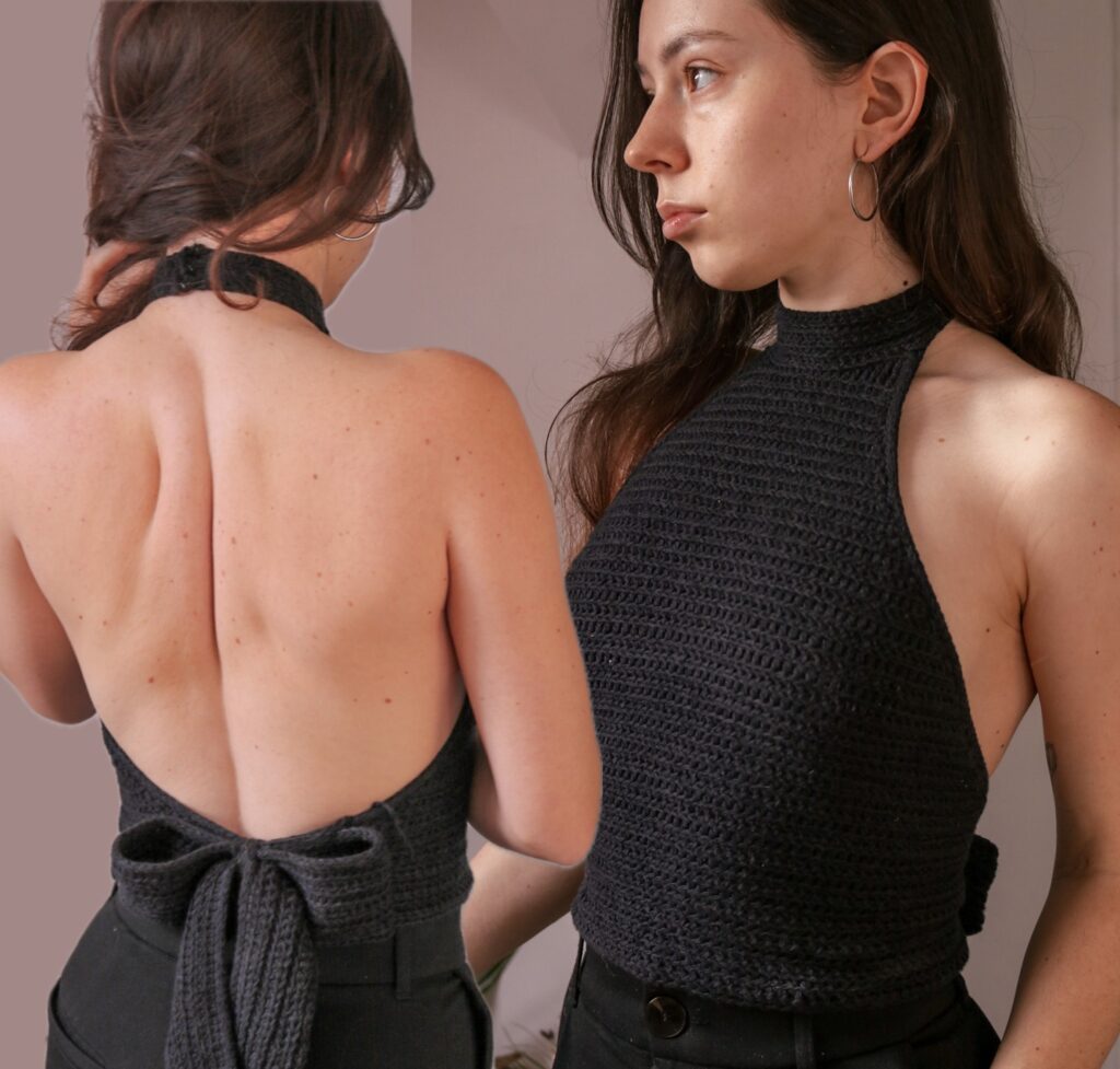 Crochet halter top with open back and bow ties — Claire Halter pattern