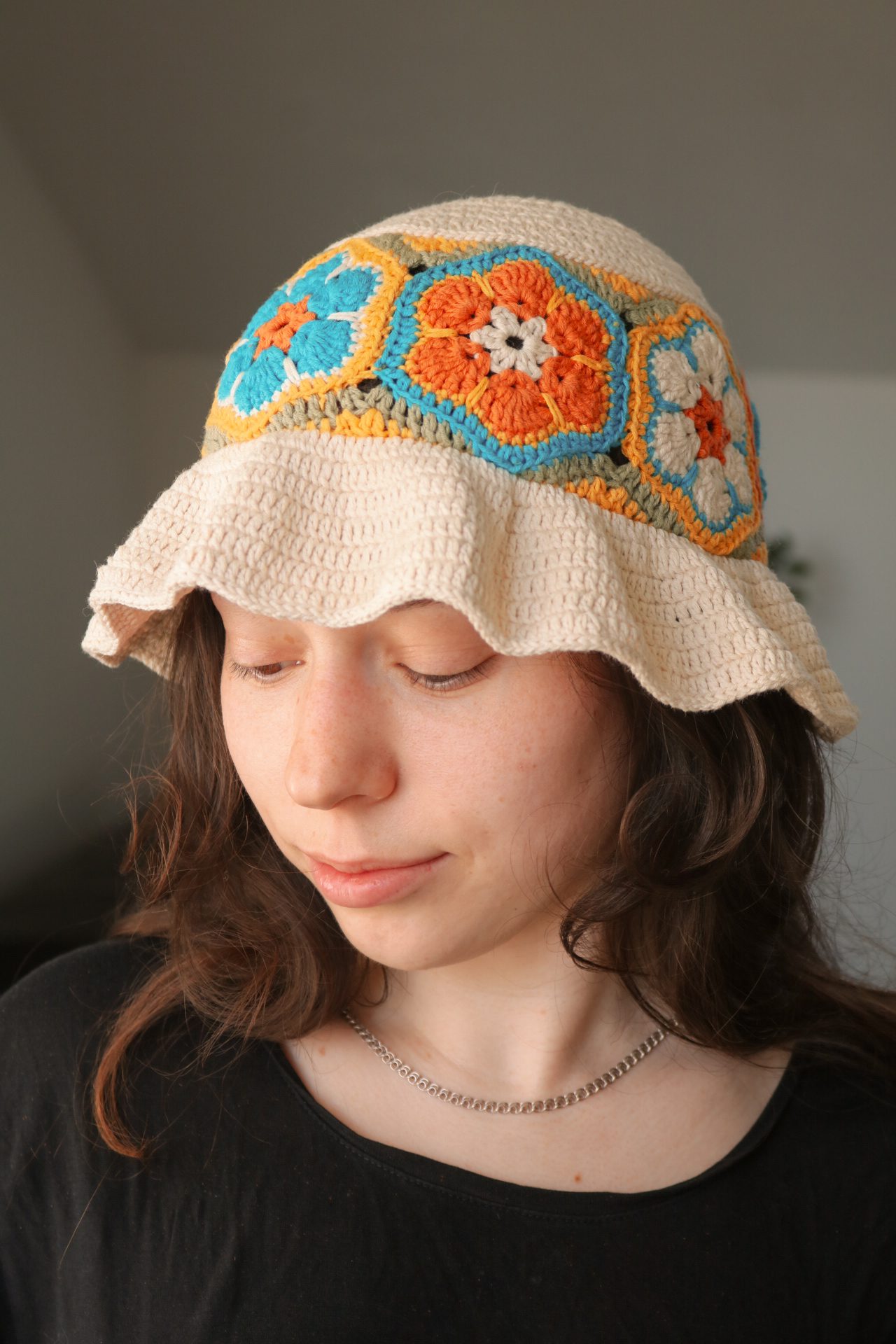 Close-up of the African flower hexagon motifs joined into a band with mattress stitch